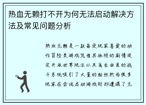 热血无赖打不开为何无法启动解决方法及常见问题分析 热血无赖打不开为何无法启动解决方法及常见问题分析